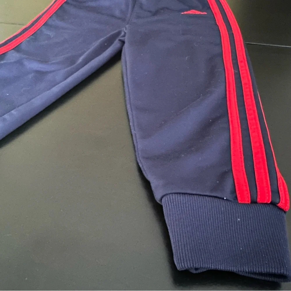 Adidas Toddler Navy Blue Joggers with Red Stripes, Size 24M